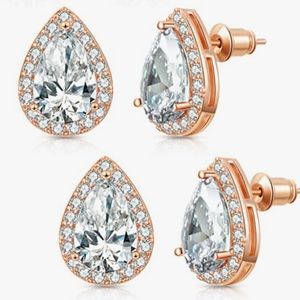2 Pairs Rose Gold Diamond CZ Halo Post Earrings NWT